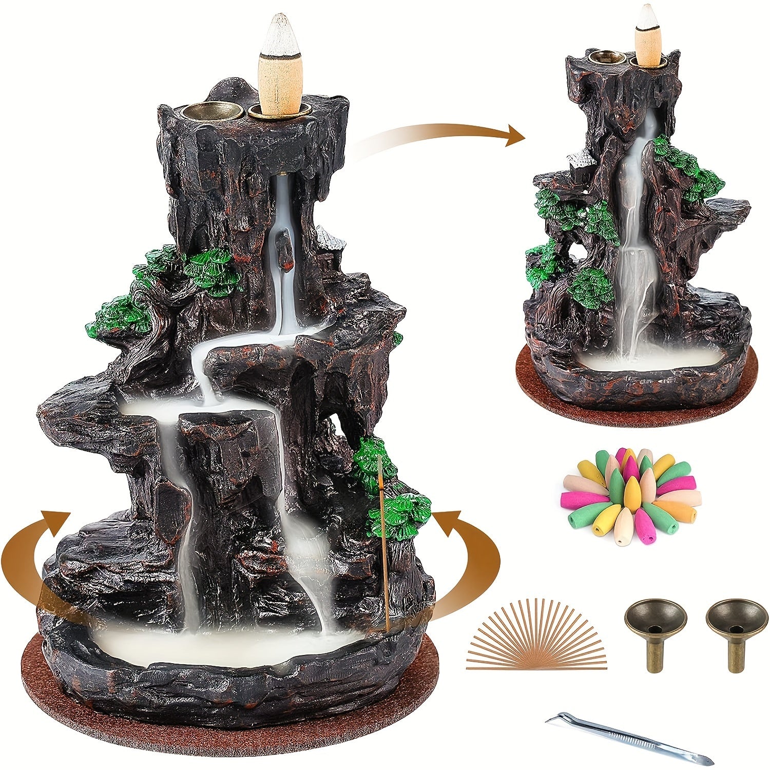 Incense Burner, Backflow Incense Holder 2 Sides Waterfall Incense Burnier with 120 Backflow Incense Cones, 30 Incense Sticks, Aromatcherapy Ornamen for Home