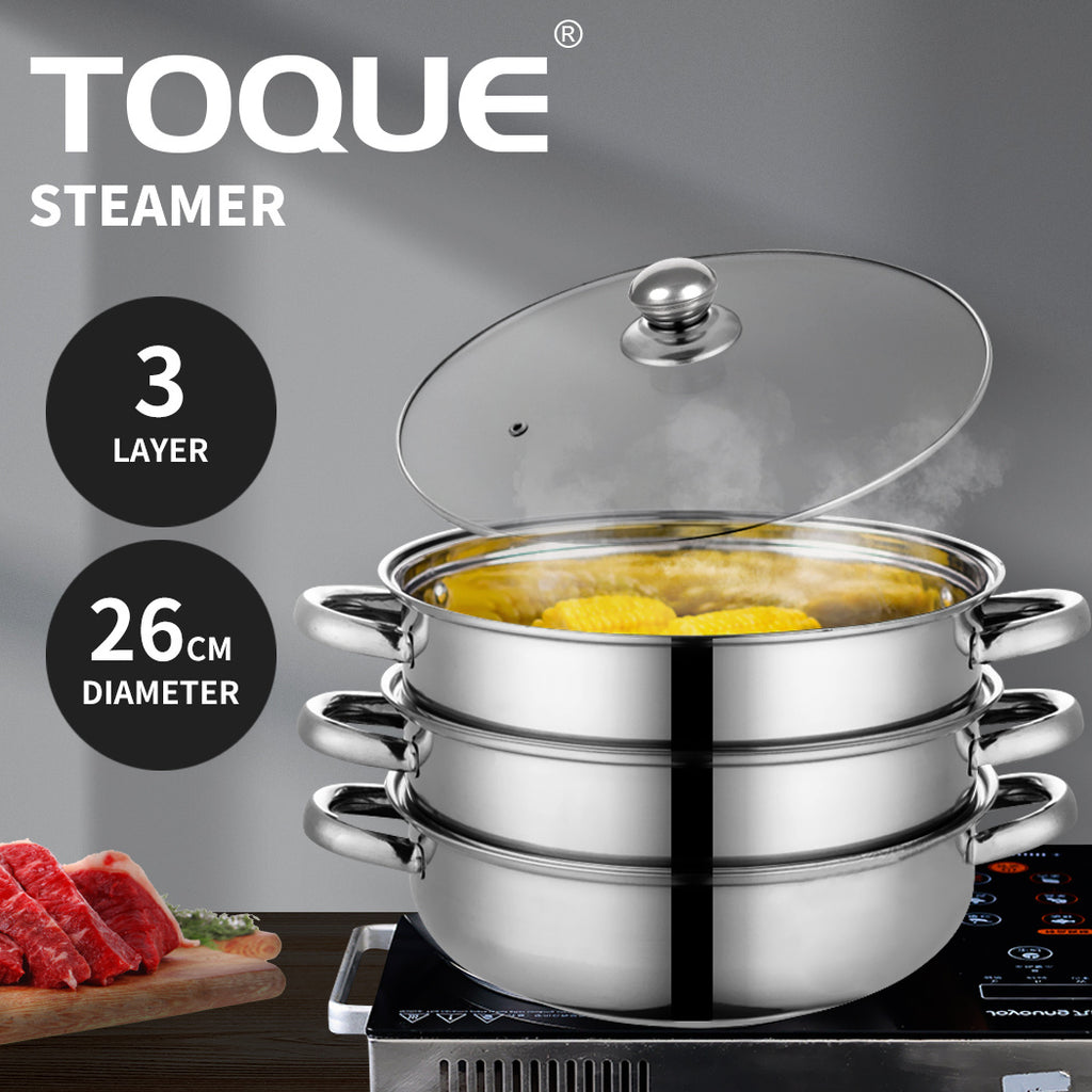 TOQUE 3 or 4 Layer Stainless Steel Steaming Pot – Heavy Duty Kitchen Steamer for Meat, Vegetables & Seafood, Compatible with Gas, Electric & Induction Cooktops