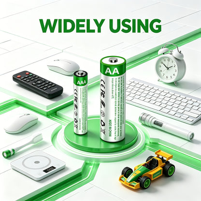 Set of 8 AA And 8 AAA Batteries, Featuring Usb/Type-C Rechargeable Lithium-Ion Batteries with High Capacity of 1.5V 1867Mah 2800Mwh And 500Mah 750Mwh. They Offer Fast Charging in 1.5 Hours, Consistent Output, And Can Last Up to 1200 Cycles