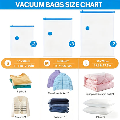 9pcs Heavy-Duty Vacuum Compression Bags with Portable Hand Pump Suitable for Bedding & Clothes Storage, 2 Large+3 Medium+3 Small Space-Saving Sealer Bags, 80% Space Saving for Home Closet, Travel Essentials, Multi-Scene Organization (Vacuum Seal)