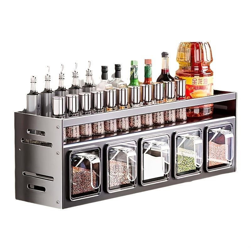 Wall-Mounted Spice Organizer Set - Durable Aluminum, No-Drill Installation, Includes Seasoning Containers & Canisters for Kitchen And Dining, Sleek Modern Design with Metallic Handles, Spice Jars|Sleek Metallic Finish|Perfect for Kitchen & Household