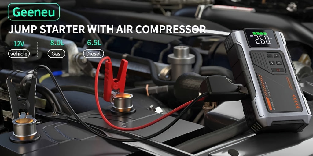 7000A Car Portable Wireless Car Air Compressor Jump Starter | 150PSI Digital Tire Inflator, LED Emergency Light, Dual USB Input/Output, Suitable for 12V Vehicles, Gasoline/Diesel, GEENEU Brand
