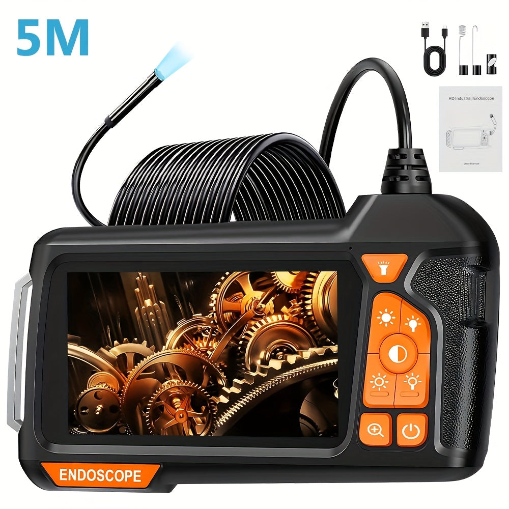 4.3" IPS HD 1080P Borescope Camera with 5.5mm Lens & 2m/5m Flexible Spring Cable - High-Brightness LED Illumination, USB Rechargeable, 36V Compatible for Auto Repair, Plumbing Inspections (Black & Orange Design), Remote Inspections | Userfriendly Interfac