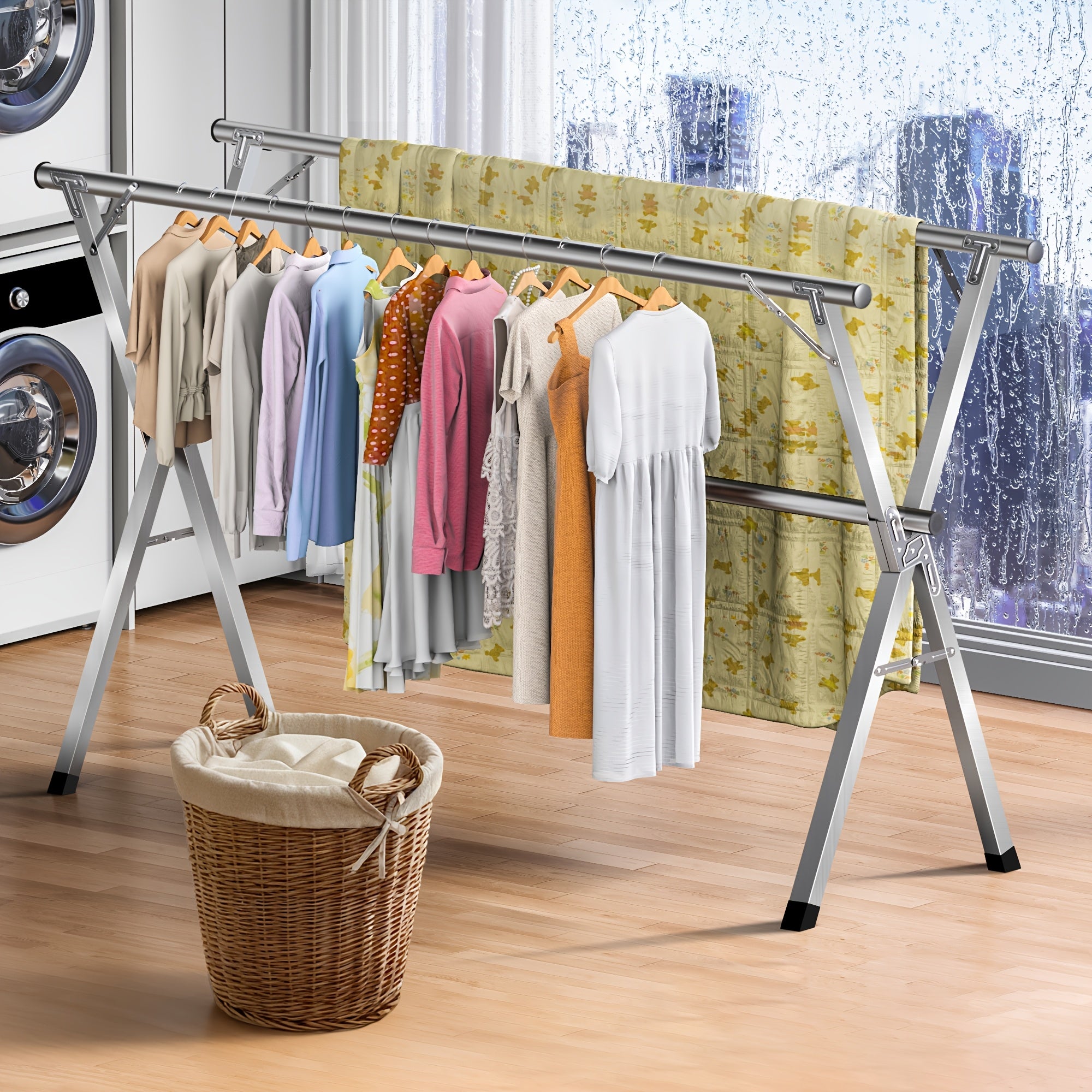 Stainless Steel Folding Clothes Drying Rack, 1pc, Space-Saving, 199.9cm Telescopic Laundry Drying Rack, Collapsible Drying Line for Balcony, Laundry Room, Indoor&outdoor, No Assembly Needed, Ideal Gift, Suitable for Home & Travel, Drying Line