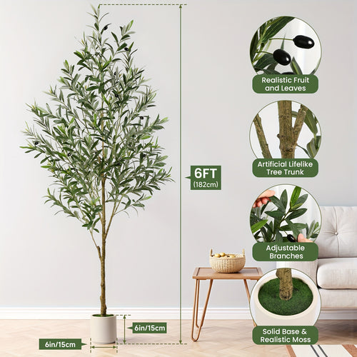 180Cm Artificial Olive Trees, Faux Silk Plant with Lively Artificial Trunk And Lifelike Fruits, Indoor Fake Potted Tree with White Planter for Modern Home Office Living Room Decor, 120/150/180/210/240Cm
