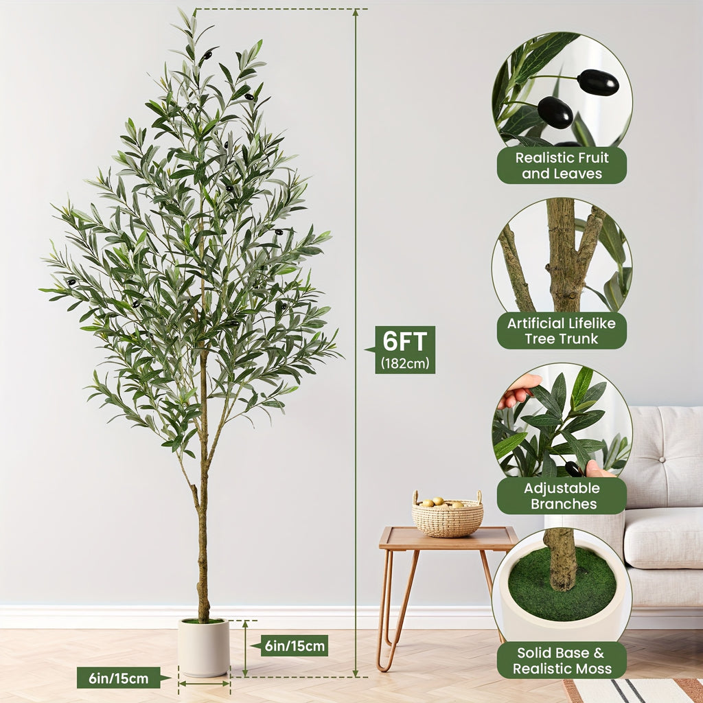 182.88cm Artificial Olive Tree Faux Silk Plant, Indoor Fake Olive Tree with Natural Wood Trunk & Lifelike Fruits, Perfect for Modern Home Office and Living Room Floor Decor, 182.88cm