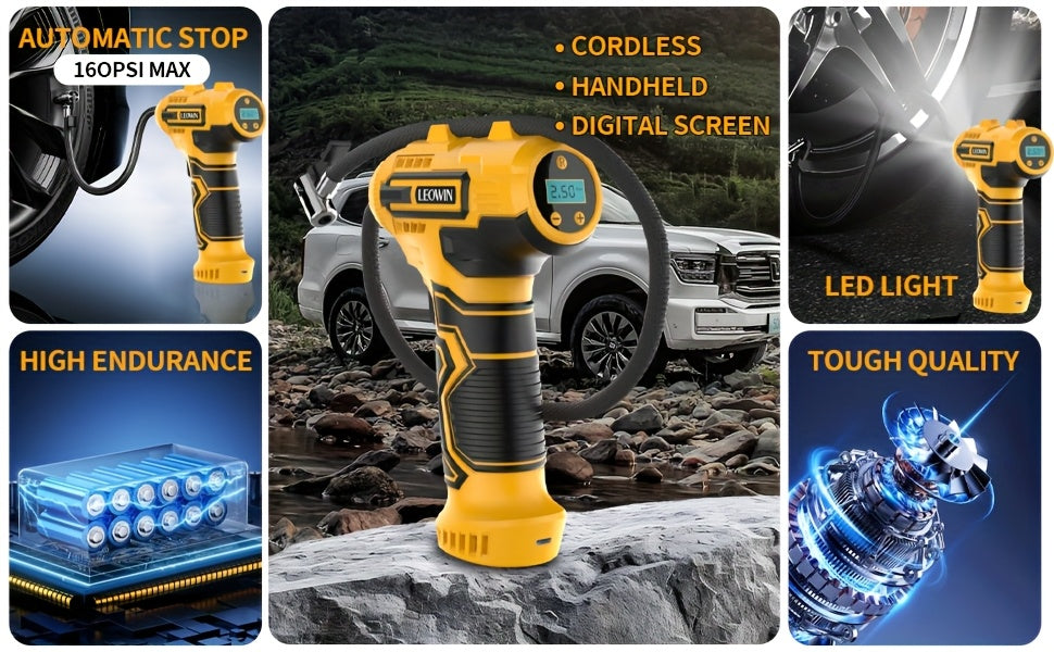 Cordless Tire Inflator Portable Air Compressor with Auto-Shutoff, with Digital Pressure Gauge/LED Light,, for Car, Motorcycle, Bike, Ball - Compact, Rechargeable, Christmas Gift