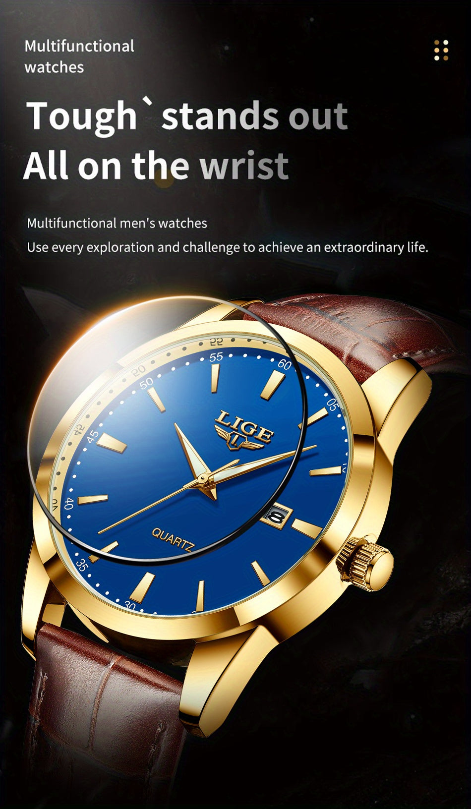 LIGE Fashion New Quartz Watch with Glow Businessmen Watch Single Calendar Three Needle Simple Pu Leather Band Watch Men's Business Watch