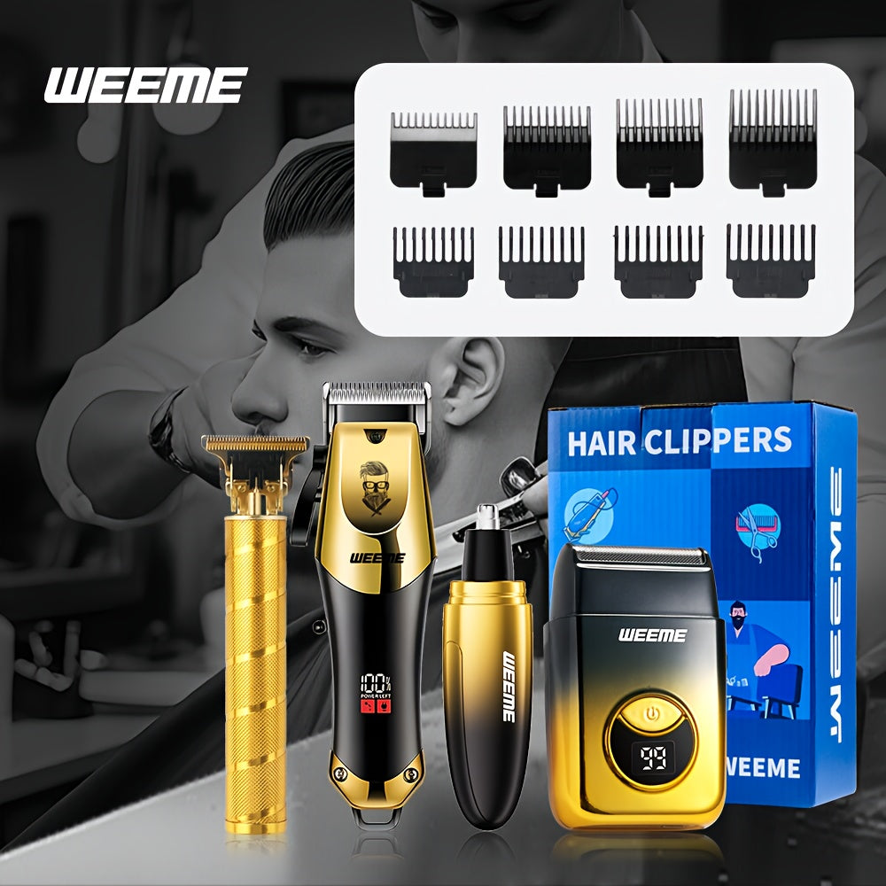 WEEME 4pcs/3pcs/1pc Hair Clipper Set, Professional Grooming Kit for Men, Includes Hair Clipper, Shaver, T-Blade Trimmer, and Nose Hair Trimmer, Precision Trimmer Set, Gradient Golden Design, Ideal Valentine's Gift Box for Fathers, Husbands, and Sons