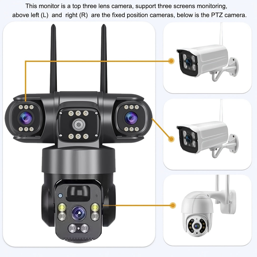 12MP Outdoor Wild Farms Security Camera, 3-In-1 LTE4G WIFI Wireless Solar Battery Powered Adjustable 3 Lens 3 Screen PTZ Outdoor Surveillance CCTV Security Camera, SIM Card Not Included, Color Night Vision, Spotlight/Alert, AI Detection, 2-Way Talk