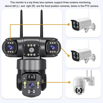 12MP Outdoor Wild Farms Security Camera, 3-In-1 LTE4G WIFI Wireless Solar Battery Powered Adjustable 3 Lens 3 Screen PTZ Outdoor Surveillance CCTV Security Camera, SIM Card Not Included, Color Night Vision, Spotlight/Alert, AI Detection, 2-Way Talk