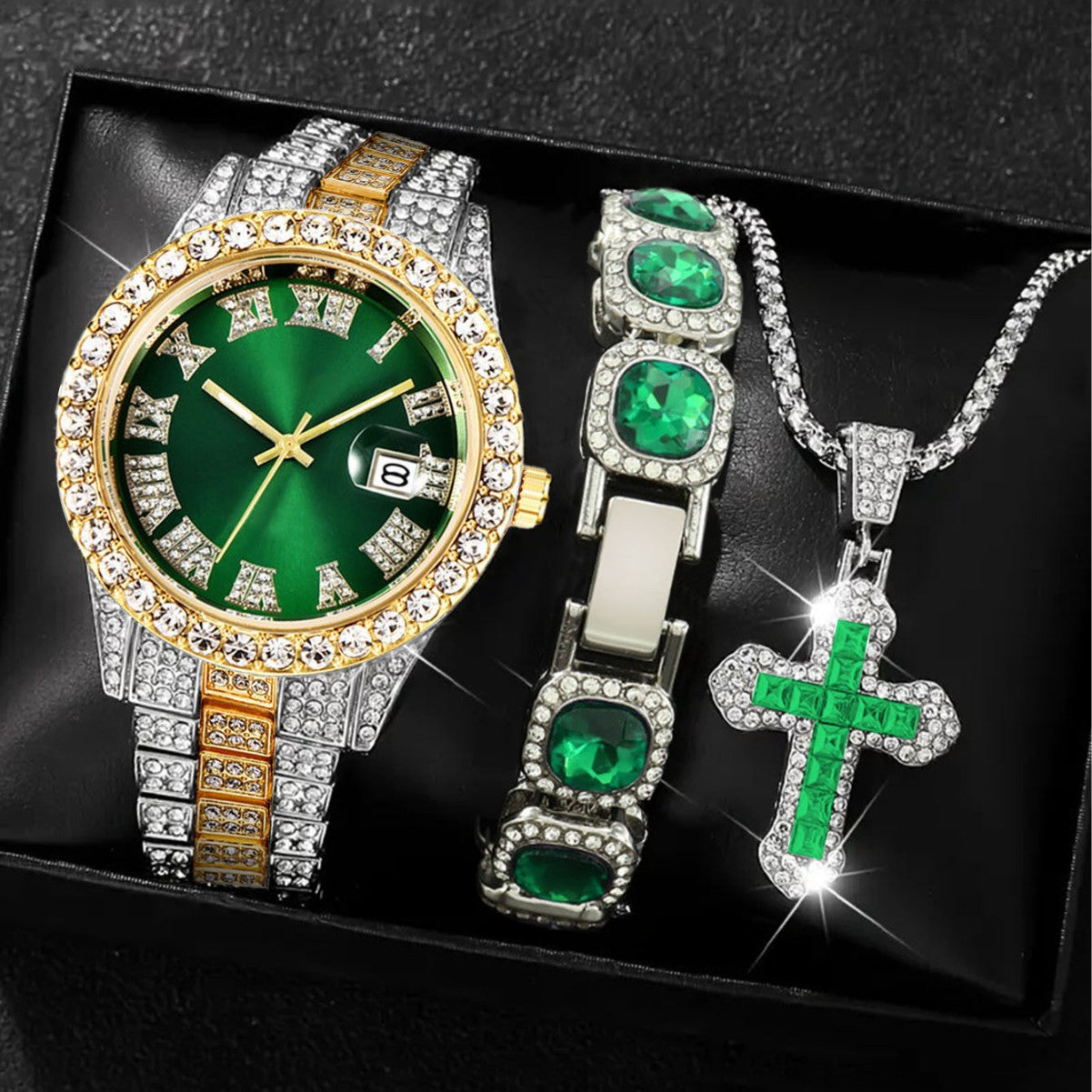 [Men's Watch Set] Luxury Men's Watch, Including Artificial Faux Gemstone Bracelet and Cross Necklace, Roman Numeral Dial Inlaid with Rhinestones, Perfect Gift, a Must for Parties