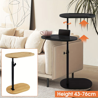 Freestanding Sofa Couch Side Table 360° Swivel Height Adjustable C Shape Bedside End Table Bath Spa Tub Caddy Tray Glass Hanger Rack Phone Holder Candle Book Storage Shelf