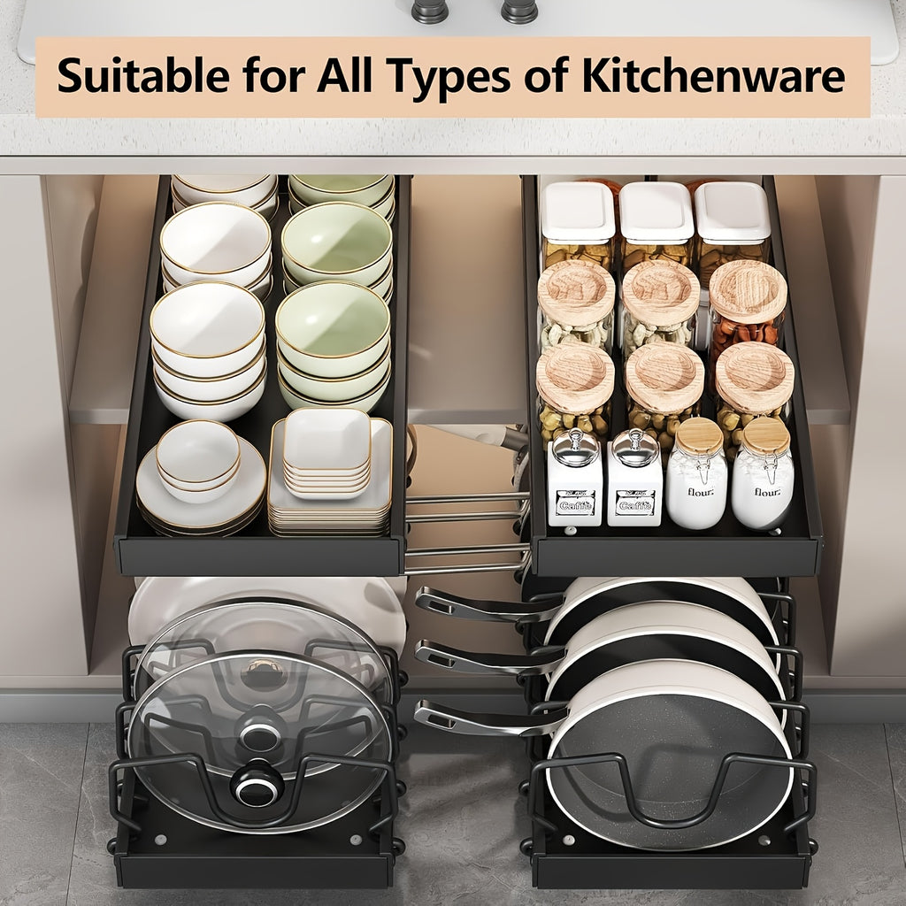 1/2pc Heavy-Duty Metal Pull-Out Cabinet Organizer with 8 Adjustable Shelves - Space-Saving Shelving Unit, Under-Sink/Under-Cabinet Storage System Suitable for Pots, Pans, Lids, Cookware & Baking Accessories - Adjustable Dividers
