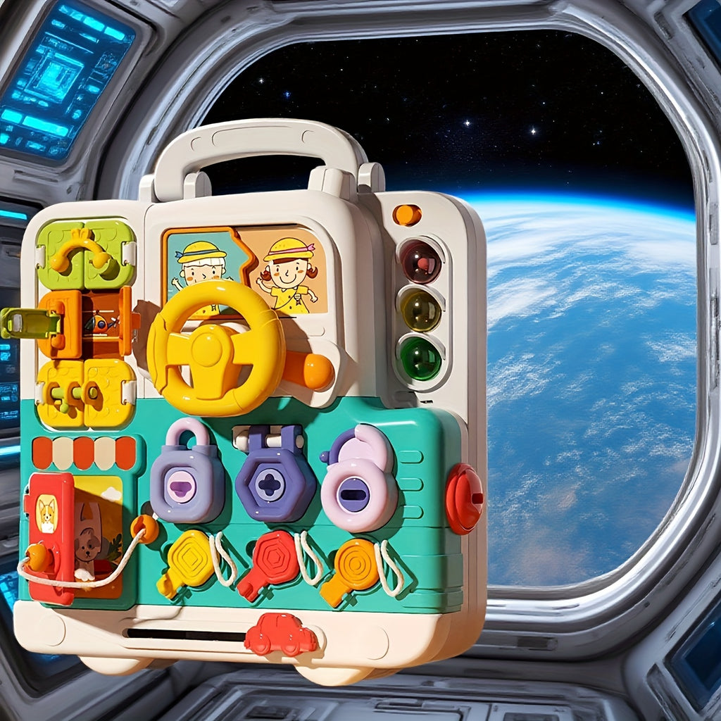 Engaging Busy Board Activity Set Featuring a Steering Wheel, Travel Recognition Activities, Dressing Scene Play, and a Cute Bear Busy Board for Enhanced Learning and Development. Perfect for Toddlers and Young Children