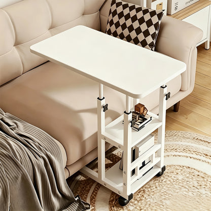 Adjustable Height Side Table, Bedside Table, Removable Desk with 4 Universal Wheels, Double-Layer Storage Shelf, Wooden Mobile Desk with Storage Shelves, No Electricity Required, for Home, Bedroom, Dorm, Laptop Stand, Desk & Drawer Organizer