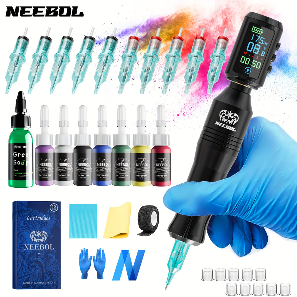 Neebol Wireless Tattoo Machine Kit Complete with Screen Display, 6 Hours Battery Life, 10 Cartridge Needles, 7 Inks, Extra Green Soap, Tattoo Gun Set for Beginners And Artists, Cordless Tattoo Pen As Tattoo Supplies Makeup Body Art Gift