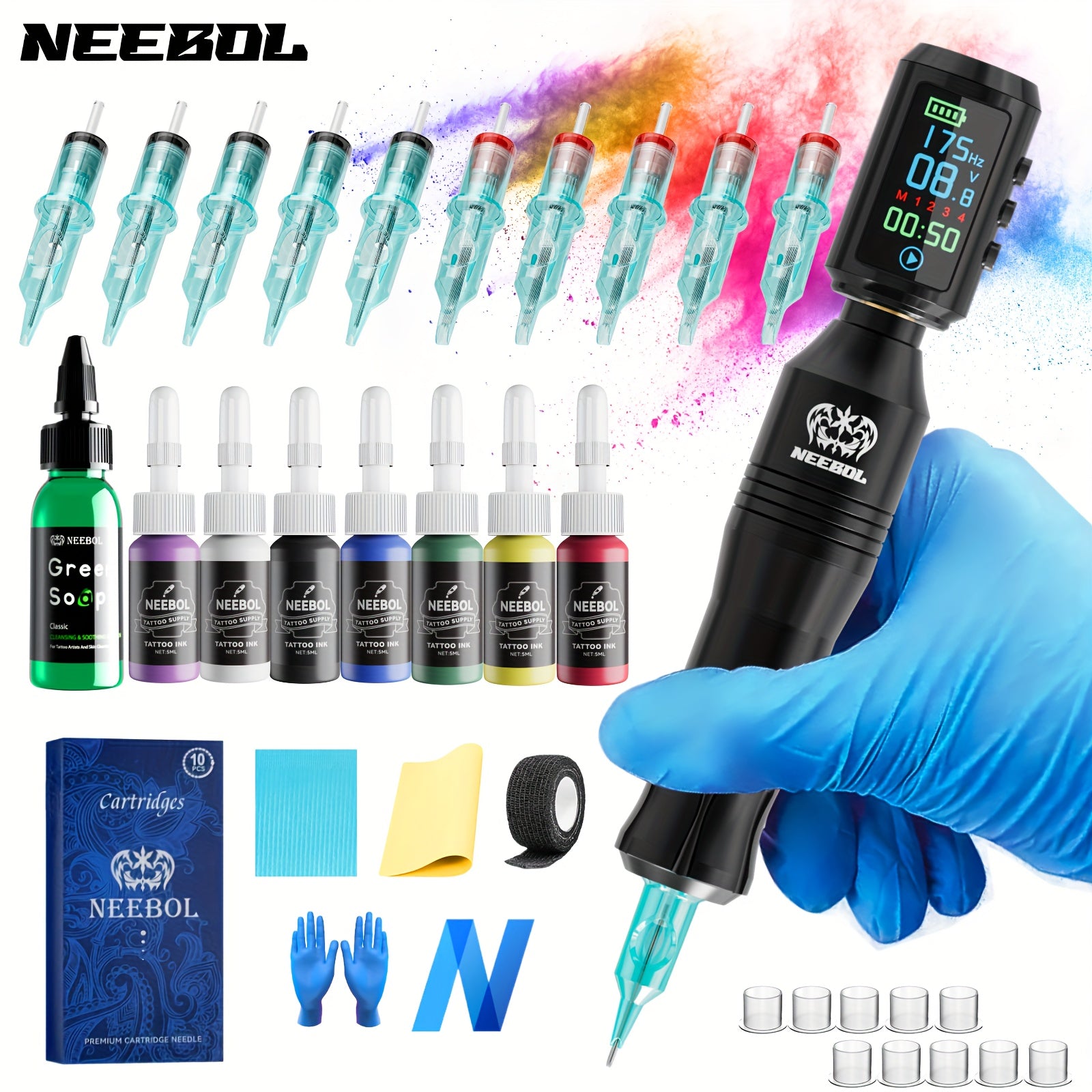 Neebol Wireless Tattoo Machine Kit Complete with Screen Display, 6 Hours Battery Life, 10 Cartridge Needles, 7 Inks, Extra Green Soap, Tattoo Gun Set for Beginners And Artists, Cordless Tattoo Pen As Tattoo Supplies Makeup Body Art Gift