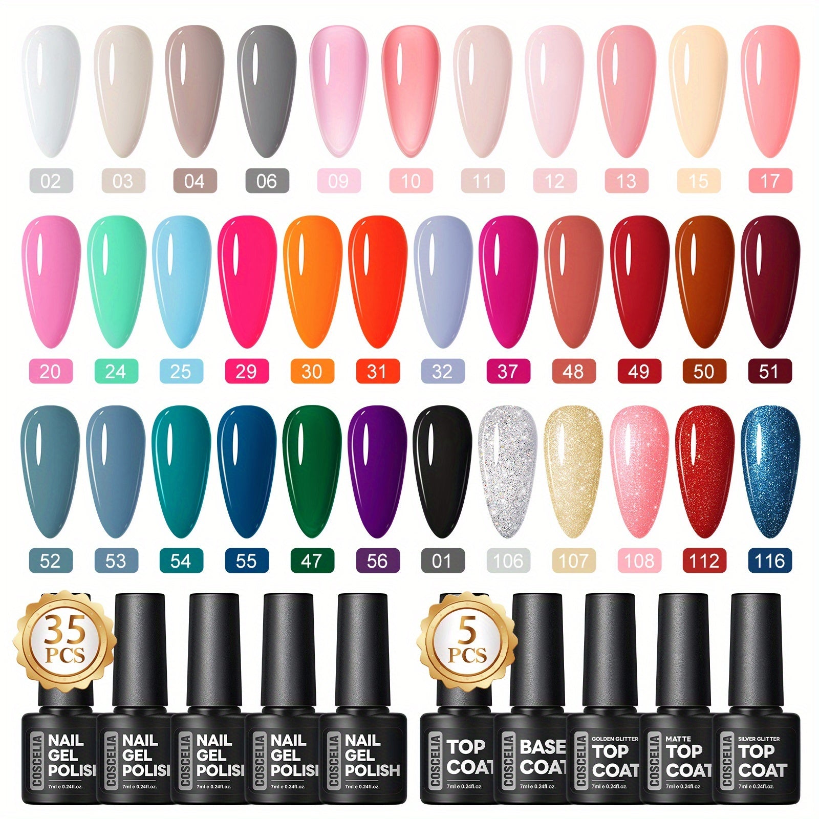 Coscelia Gel Nail Polish Set 35/22/25/20/26pcs Colors Pink Orange Red Blue Purple Brown 5/4/3pcs Matte/Glossy/Glitter Top Coat Base Coat Nail Art Design Kit for Beginners Home Gift for Women