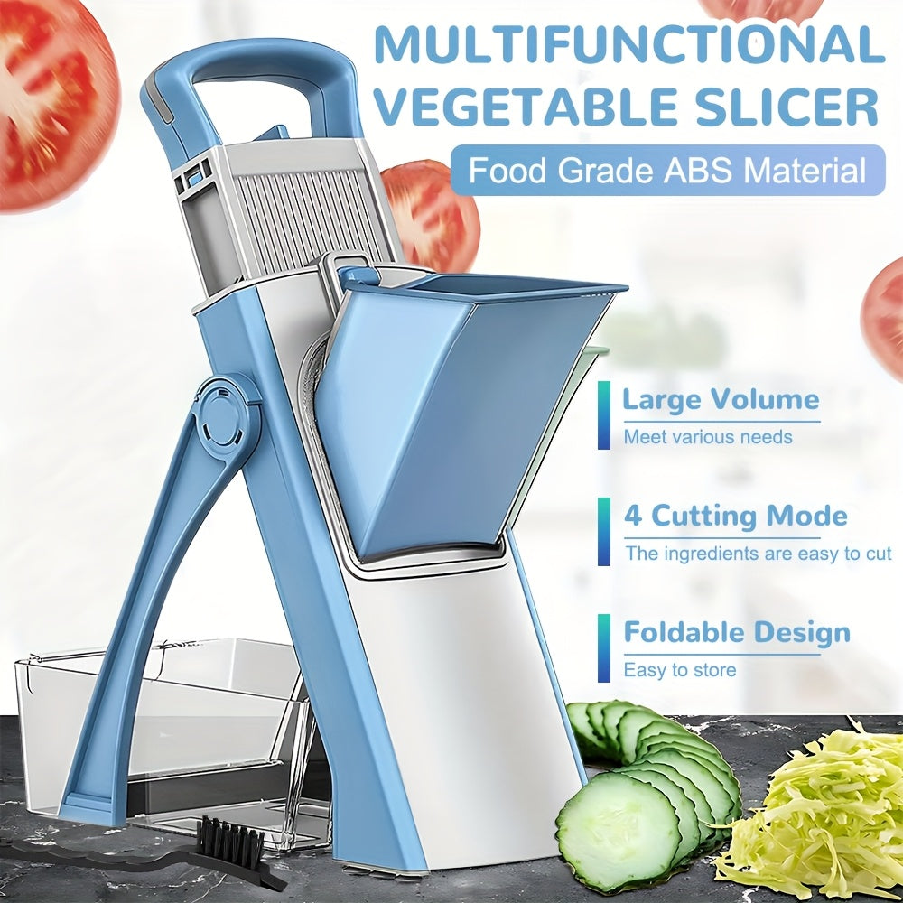 4-in-1 Vegetable Cutter Manual Fruit Slicer with Adjustable Detachable Stainless Steel Blade, Foldable Design & Large Capacity ABS Container for Shredding, Slicing, Stripping, Dicing - Compact Kitchen Tool for Efficient Food Prep, Vegetable Slicer, Meal P