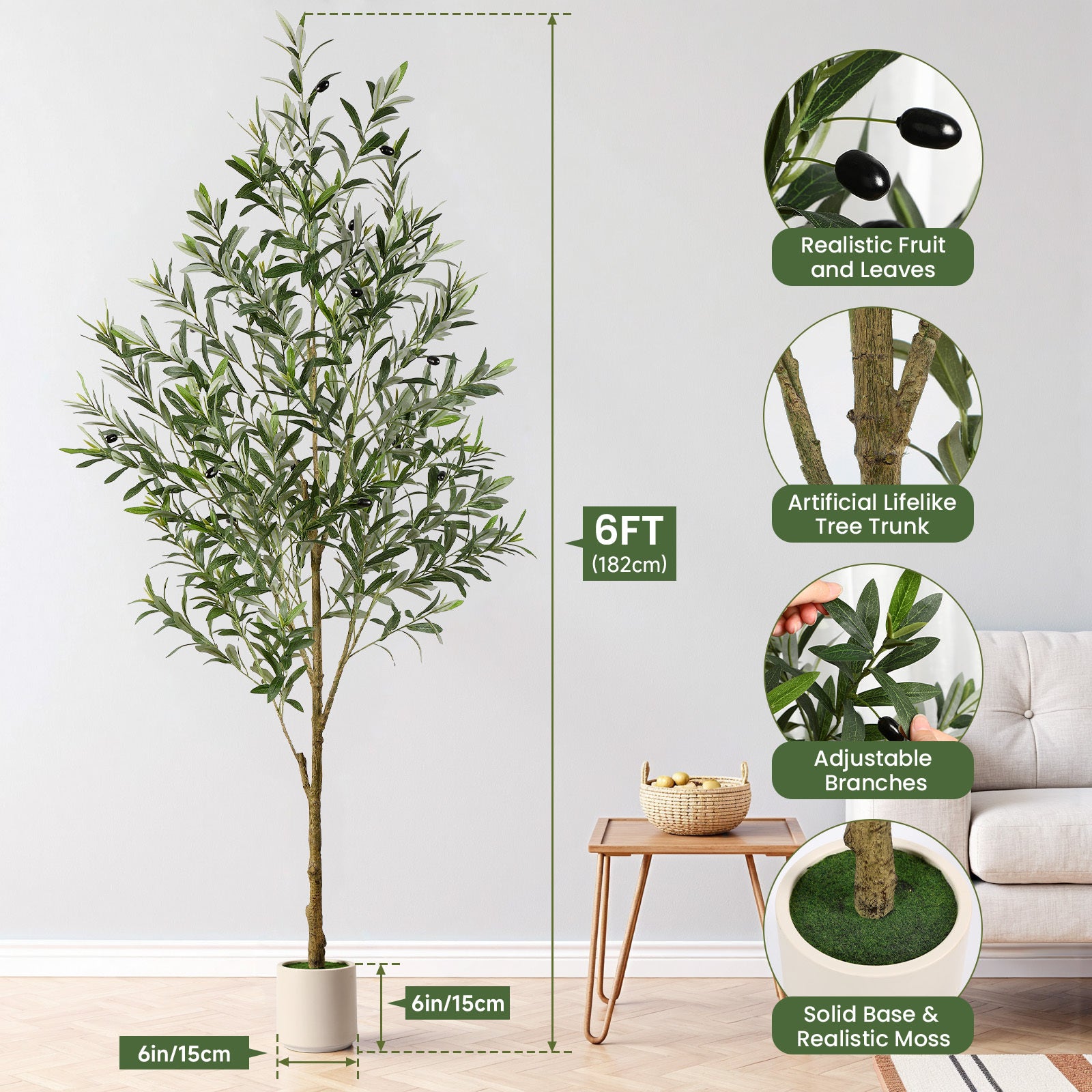 180Cm Artificial Olive Trees, Faux Silk Plant with Lively Artificial Trunk And Lifelike Fruits, Indoor Fake Potted Tree with White Planter for Modern Home Office Living Room Decor, 120/150/180/210/240Cm