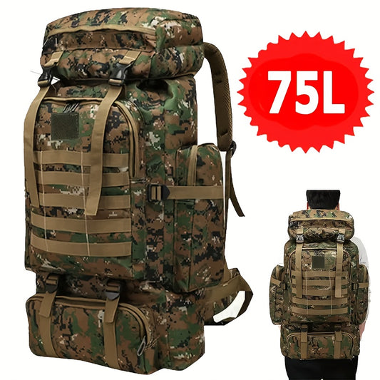 75 Litre Jungle Camouflage Rucksack - Hardwearing And Durable Hiking Rucksack with Adjustable Shoulder Straps, Multi-compartment Design And MOLLE Webbing System for Camping, Hiking, Biking And Outdoor Adventures, Breathable Mesh Pockets.