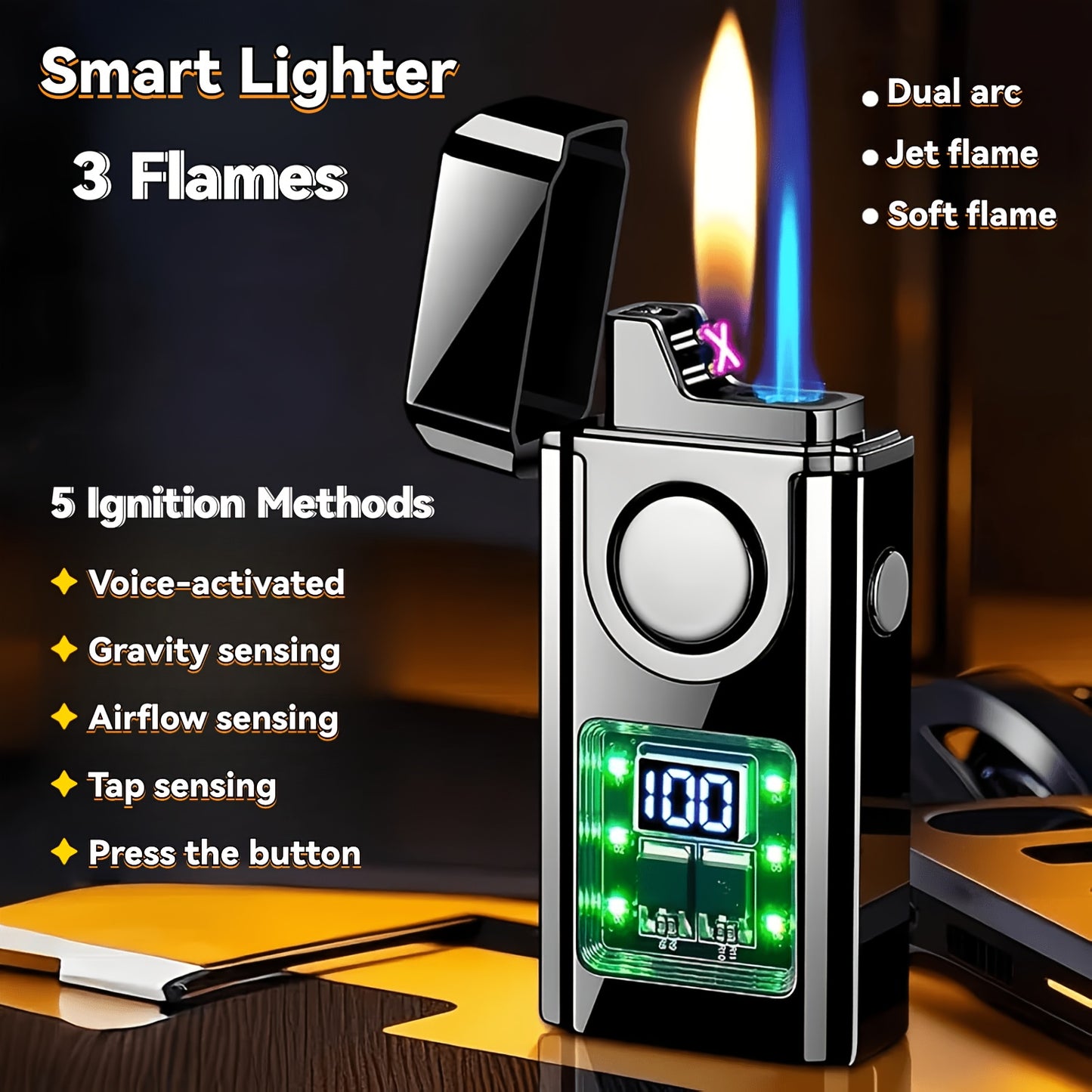 Three-flame Windproof Dual-Jet Flame Lighter, Inflatable Lighter With Electric Charge Display, Voice Controlled, And Capable Of Shaking Ignition, Direct Fire, Double Arc, Suitable For Outdoor Camping And Daily Use, The Ideal Gift Choice For Men