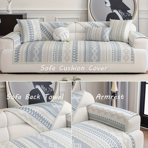 1pc Boho Chic Geometric Sofa Cover - Soft, Breathable, Non-Slip, Scratch-Resistant Couch Protector in Blue & White Patterns - Perfect for 1-4 Seater Sofas, Pet-Friendly, Machine Washable, Petfriendly Cover