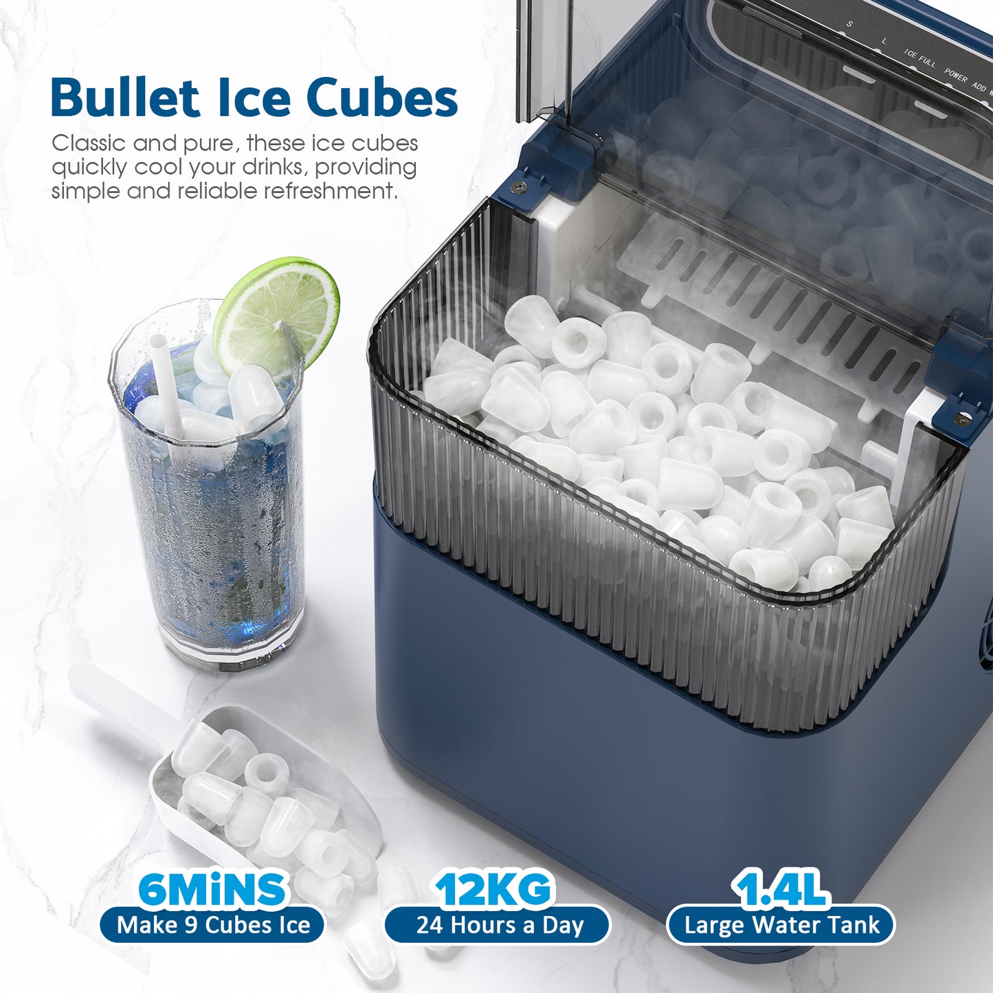 Advwin Countertop Ice Maker Machine, Portable Bullet Ice Maker with Self Cleaning, 7 Ice Cubes in 6-8 Mins, 2 Ice Sizes, Ice Machine for Home Kitchen Office Bar
