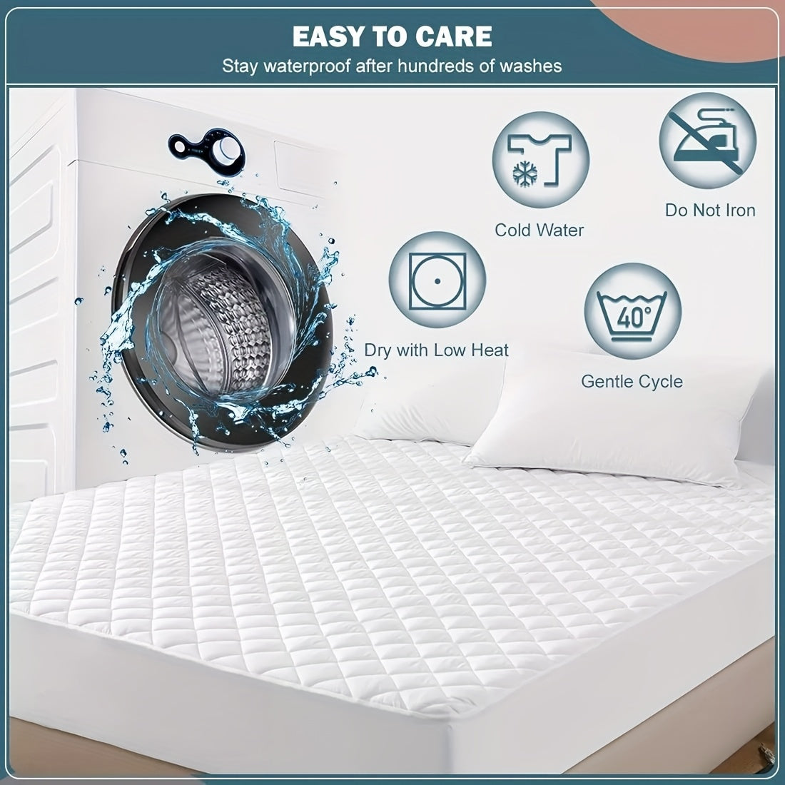 1pc 100% Waterproof Quilted Mattress Protector - Luxury Soft Comfort Waterproof Mattress Protector - Machine Washable, Breathable, Protection for Bedroom And Hotel - White