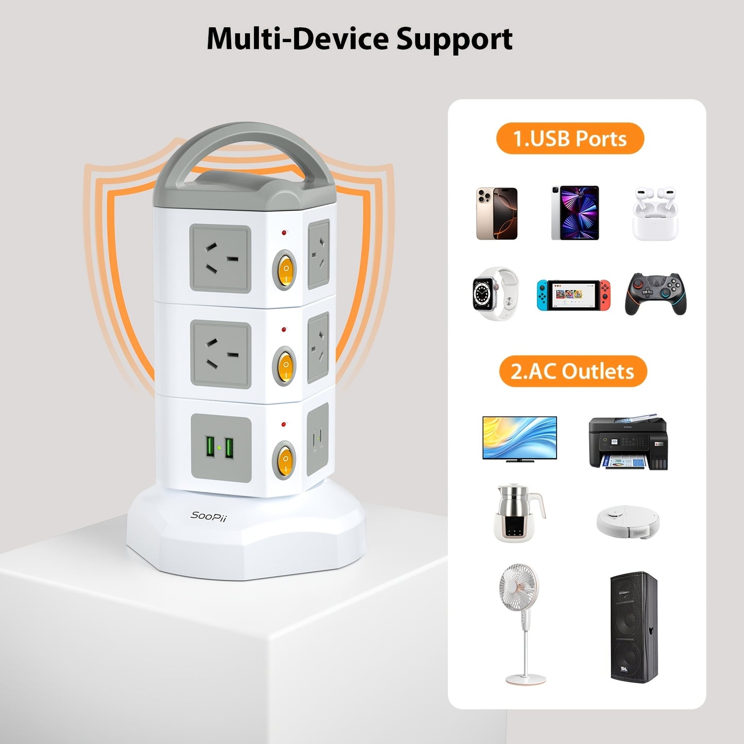 14-in-1 Power Station, Surge Protected Multi Plug Power Board With Long Extension Cord, 10 Outlet Extender & 4 Port USB Charging Hub (2x Fast USB-C) | Vertical Power Tower For Home Office