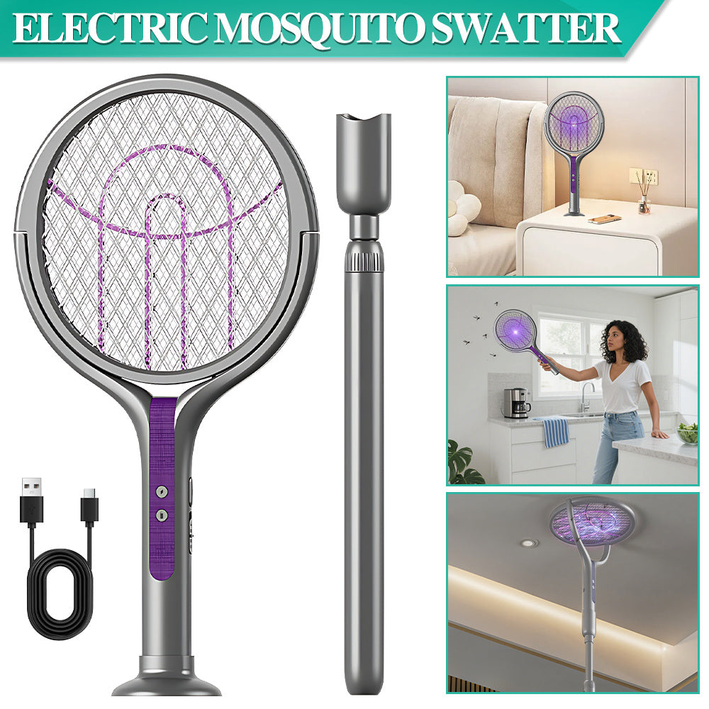 Multi-Functional Retractable Electric Mosquito Swatter, USB Foldable Fly Zapper with Rotating Head for Versatile Use, Ideal for Flies and Insects, Perfect for Summer Nights, Includes Purple Bug Light, Suitable for Indoor Home, Office, Backyard, and Campin
