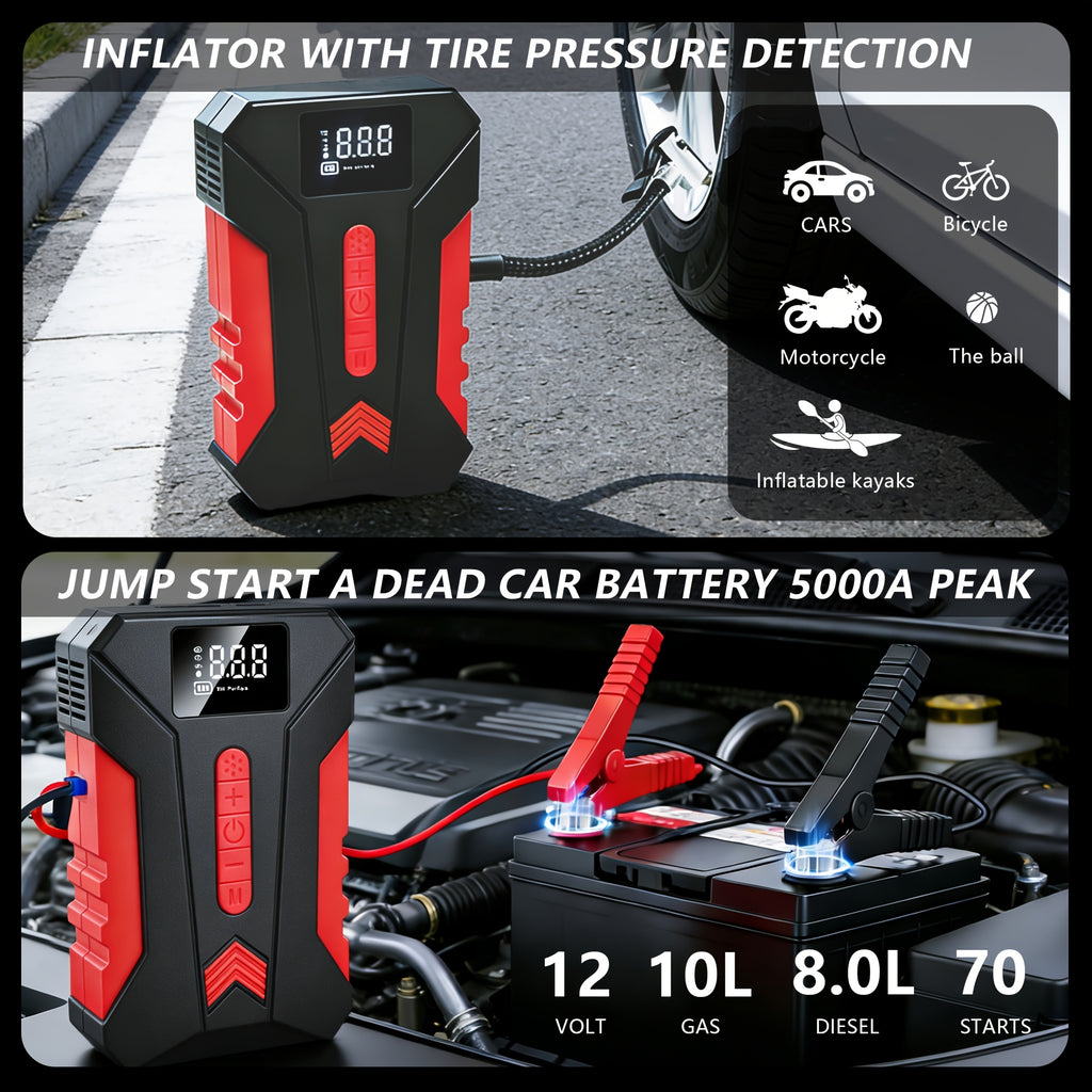 13000A Portable Emergency Startup Power Supply with Air Pump 150 PSI Digital LCD Portable Power Supply Type-C Fast Charging Intelligent Clamps 14.8V (Allgas/7.99 L Of Diesel) Quick Start Vehicle Emergency Startup And Air Pump Integrated Machine