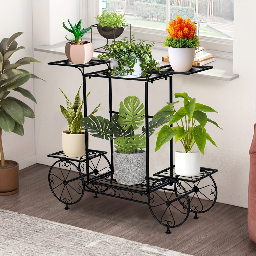 6-Level Metal Garden Cart Plant Stand Made of Wrought Iron for Displaying Flower Pots, Suitable for Indoor And Outdoor Decoration on Patios And Porches