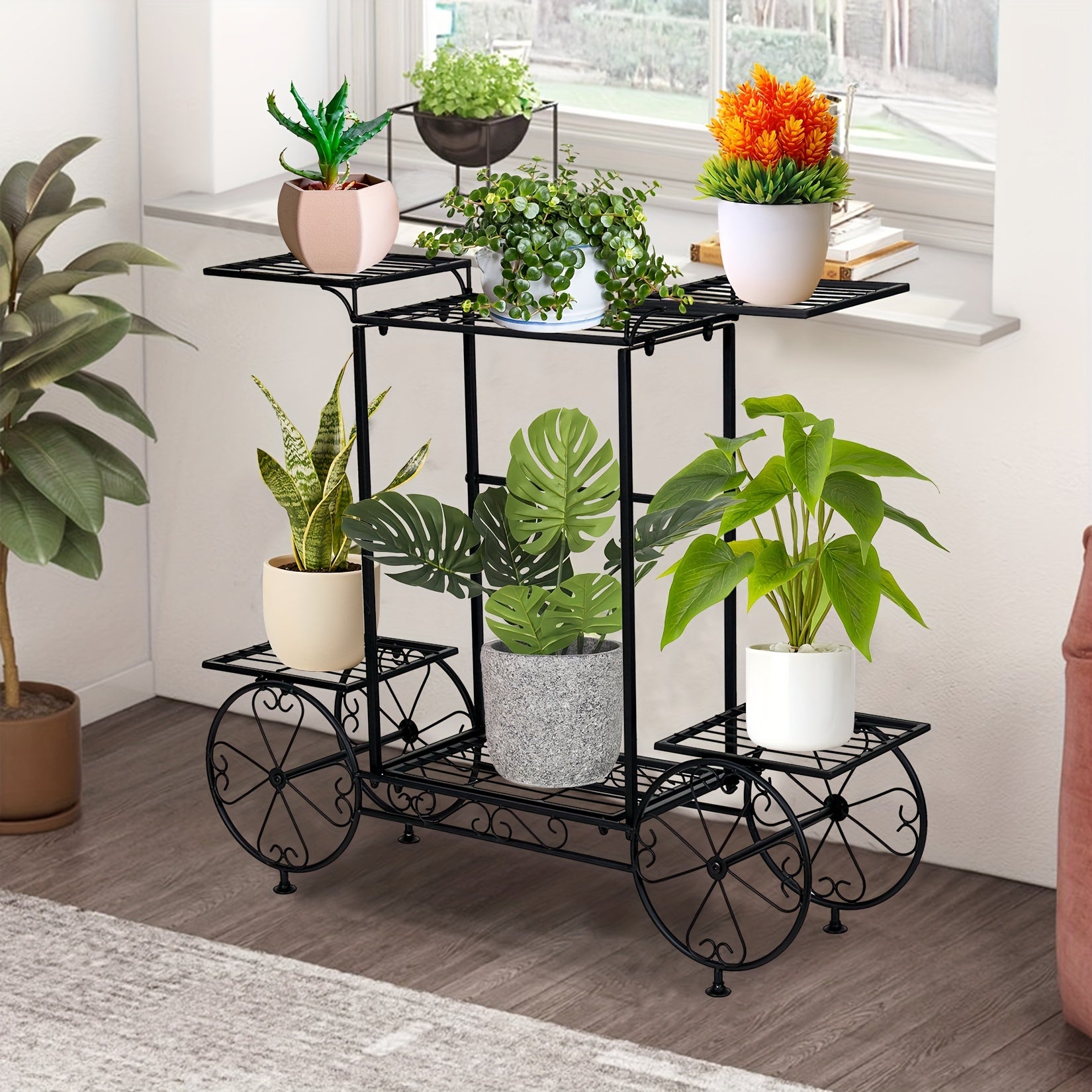 6-Level Metal Garden Cart Plant Stand Made of Wrought Iron for Displaying Flower Pots, Suitable for Indoor And Outdoor Decoration on Patios And Porches