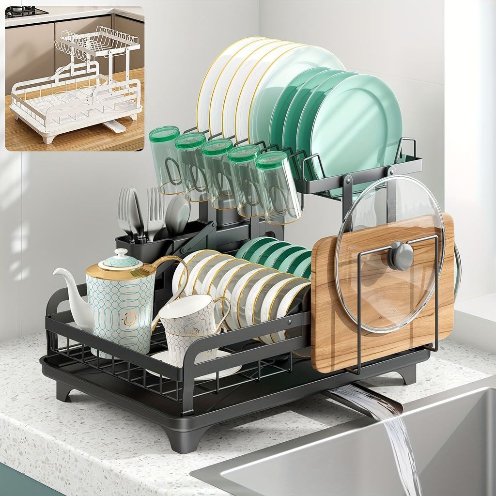 2 Layers Foldable Dish Drying Rack Kitchen Plate Bowl Cup Organizer Drainer Tray Cutlery Storage Holder Rotatable Drain Pipe Black White