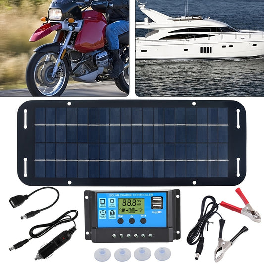 Solar Panel Kit, 12V Solar Trickle Charger, Portable Solar Powered Charger Kit with 4 Suction Cups, Alligator Clips & Cigarette Lighter Plug - High-Efficiency Battery Charging for Car, RV, Boat, Motorcycle, Patio, Backyard & Camping Equipment