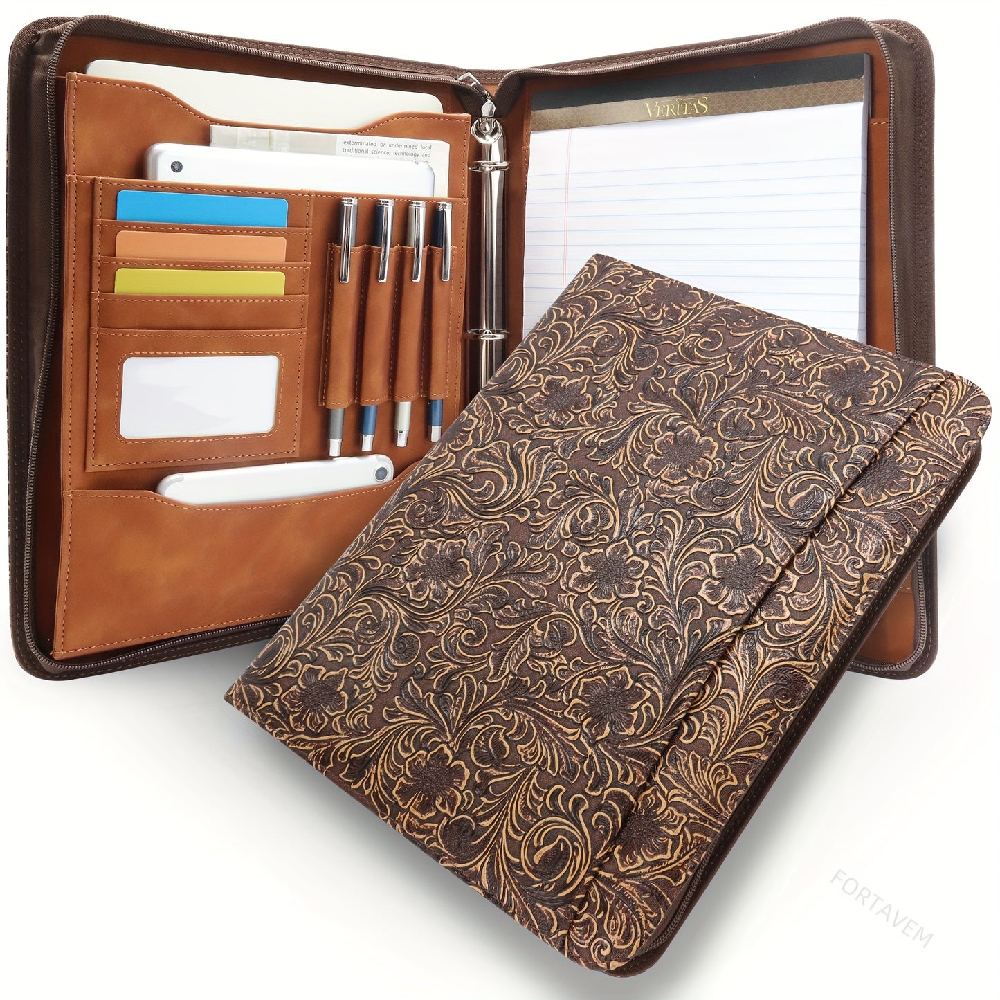 Business A4 Zipper Compendium, Padfolio with 3-Ring Binder, Compendium for Women PU Leather Portfolio Document Holder, Office Compendium, Gift for Professional Women And Student, High School Supplies, Student Essentials, Back to School Essentials