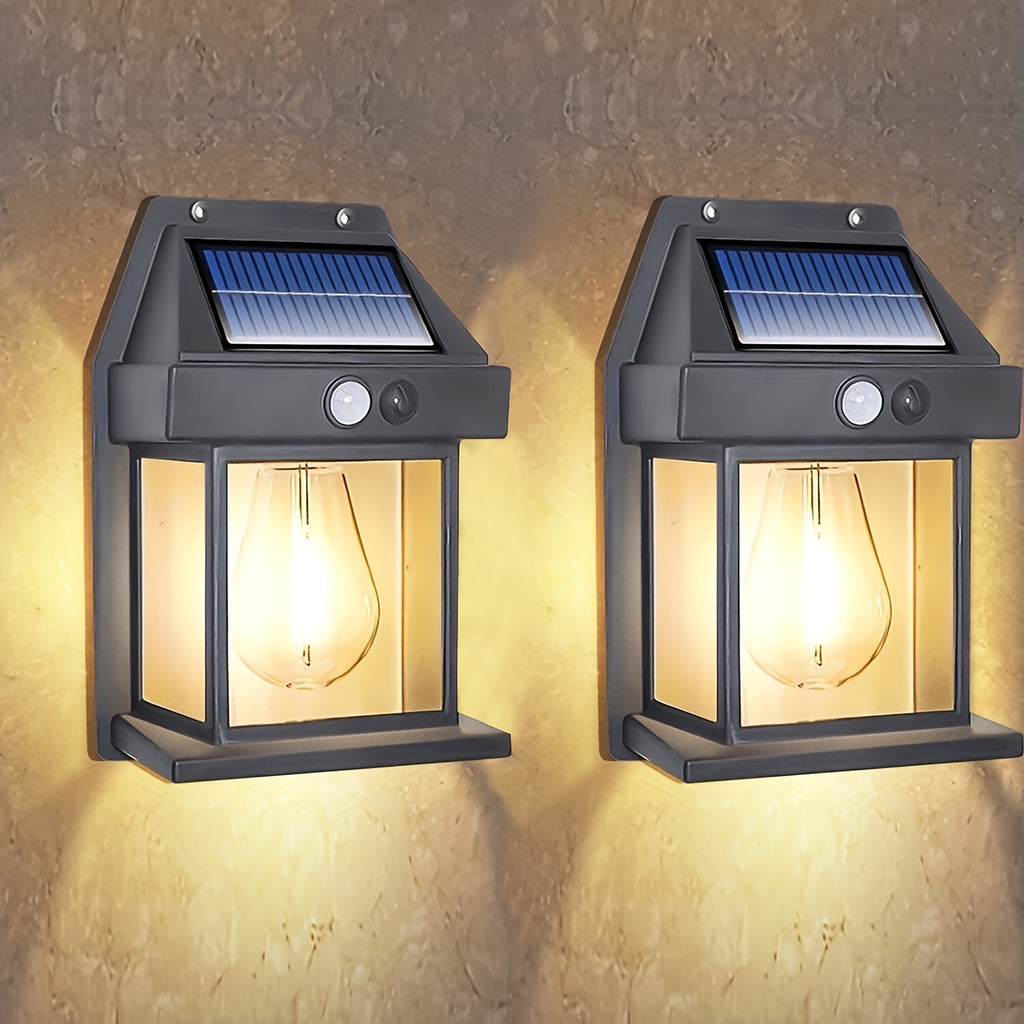 2pcs Solar-Powered Motion Sensor LED Outdoor Wall Lights with 3 Lighting Modes, Auto On/Off, Durable Plastic Construction & Lithium Battery - Solar Charged Security Lighting for Porch, Garden, Yard, Deck, Fence - Easy Semi-Recessed Installation