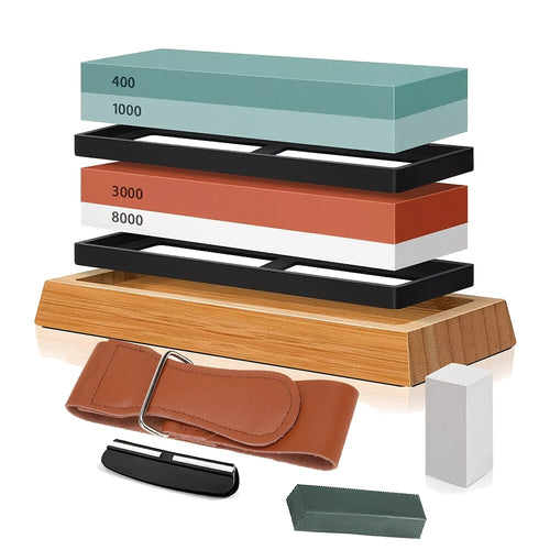 1 Set Whetstone Set, 4-side Grit, 400/1000/3000/8000, Professional Includes Non-slip Bamboo Base, Leather Cord, Flattening Stone And Angle Guide