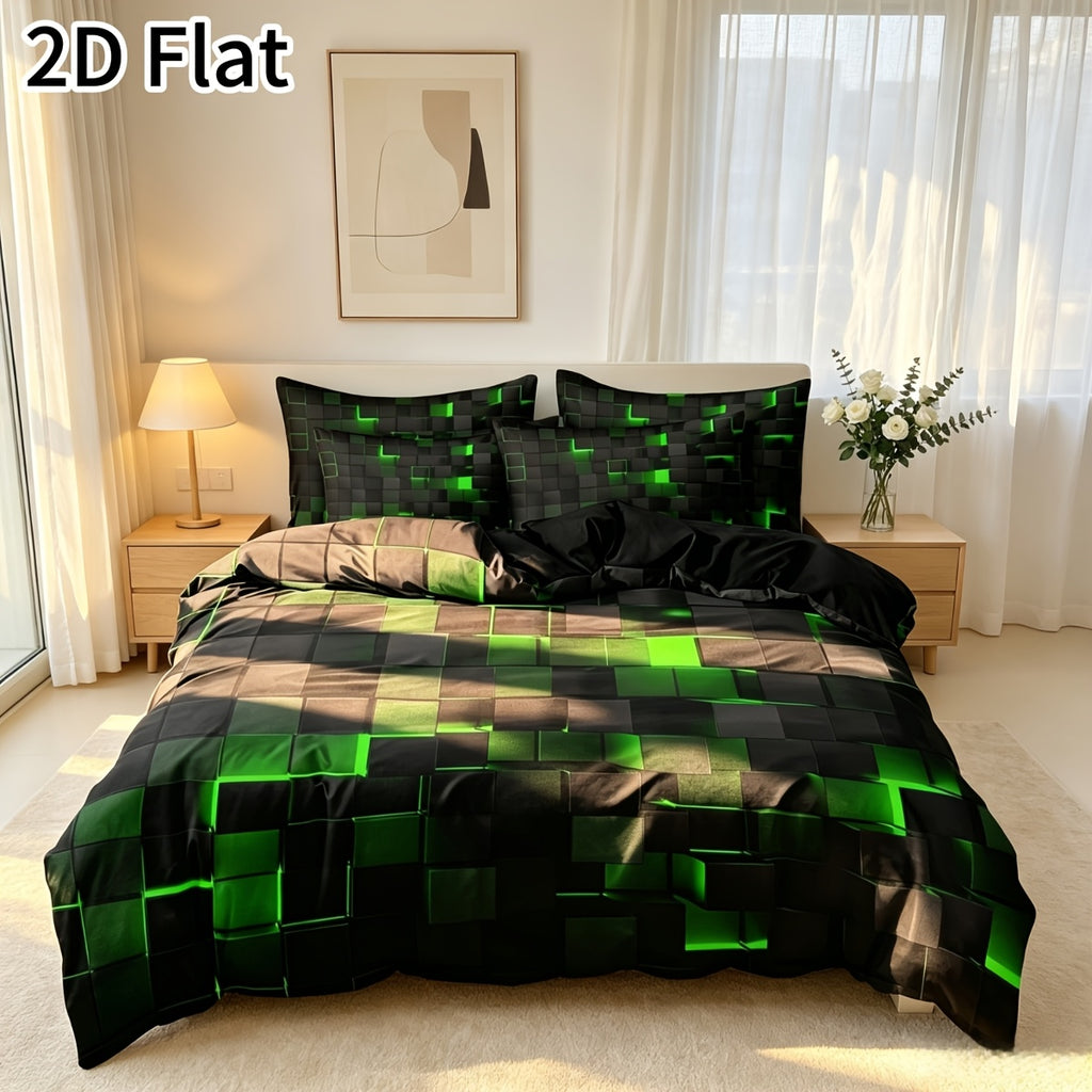 2D Flat 3pcs Cool Geometric Grid Plaid Checked Digital Printing Quilt Duvet Cover bedding, - Four Sizes (Single, Double, Queen, King) Includes 1 X Duvet Cover, 2 X Pillowcases, No Comforter Included, Dormitory/Bedroom Decorations, Local Warehouse