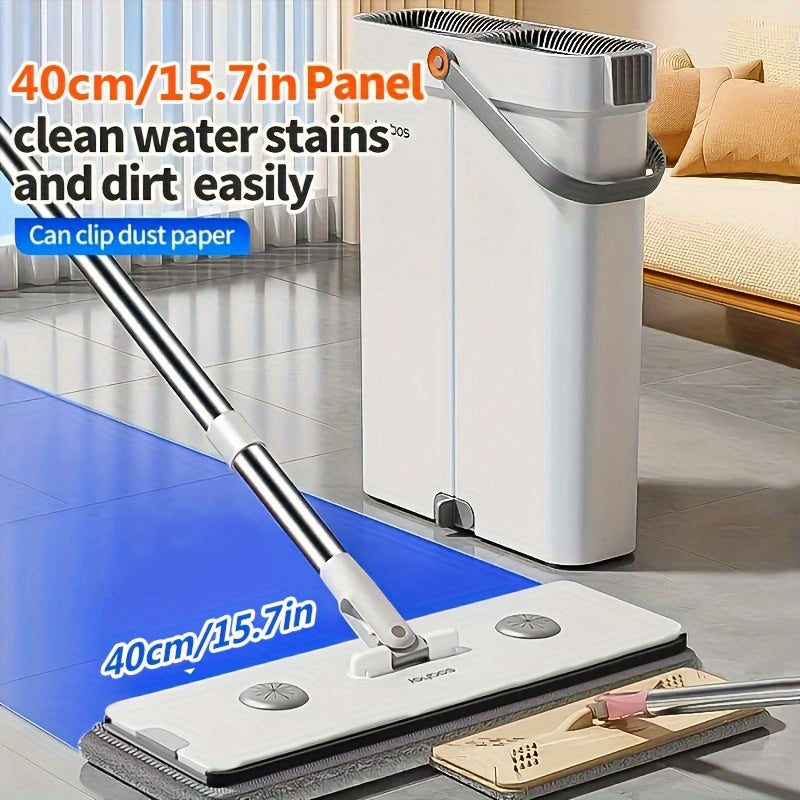 40CM Large Flat Mop And Bucket with Wringer Set for Home, Wet And Dry Use, Hand-Free Wash Mops with 2 Washable Microfiber Pads for All Floor Types And Windows, Christmas Gift