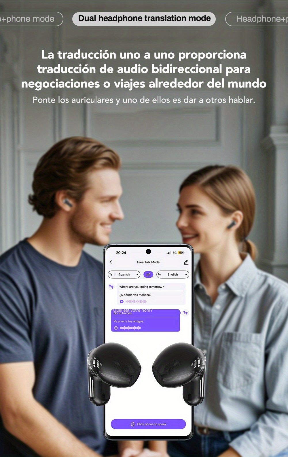 HTC NE20 Wireless Translation Earbuds, with 136+ Language Translation for Better Cross-Language Communication, Wireless V6.0 Low Latency, Active Noise Cancellation, Comfortable for Sleep, Wearable for Running, Office, and Entertainment, Language