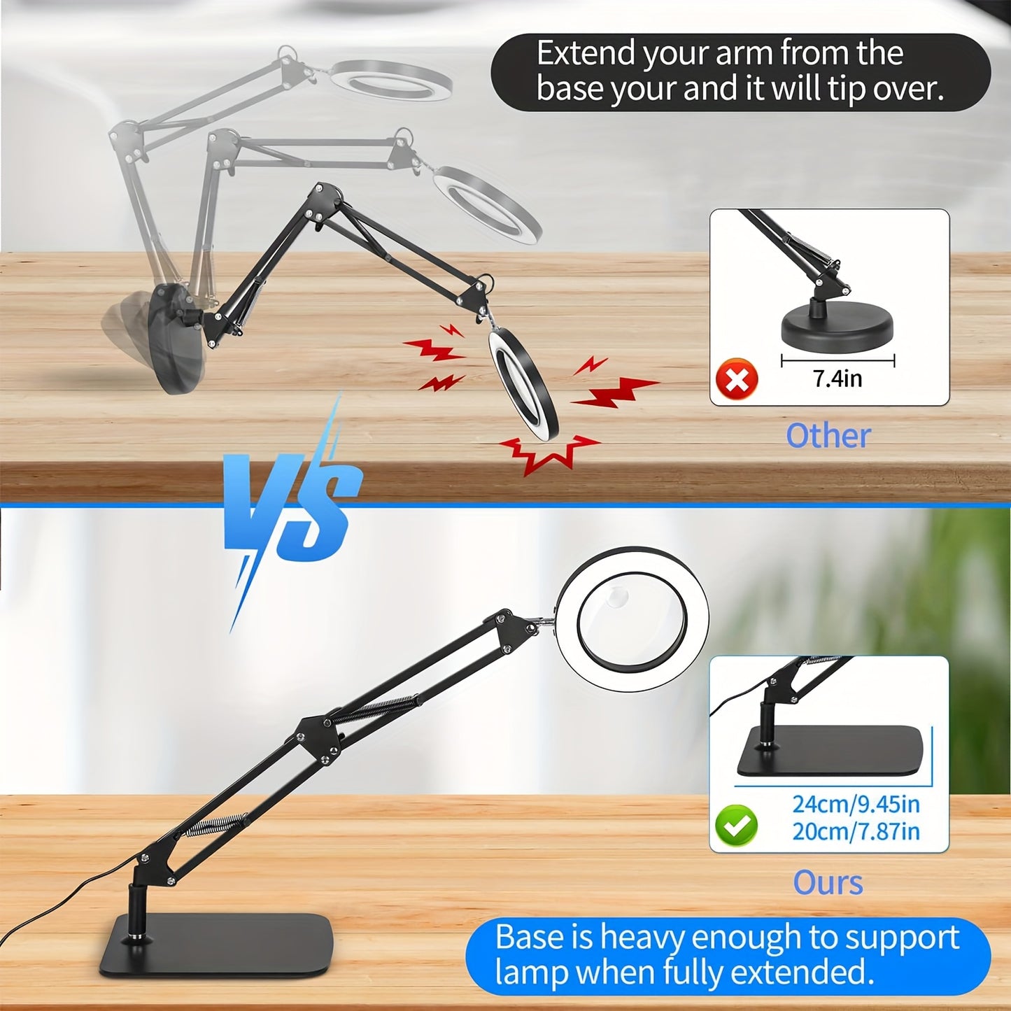 15X-10X Magnifying Glass LED Desk Lamp, 2-in-1 USB-Powered with Heavy Base & Clamp, 3 Color Modes & 10 Brightness Levels for Reading, Repair, Crafts, Sewing, Nail Art, Craft Lighting | Flexible Positioning | Adjustable Lighting, Lamp Desk