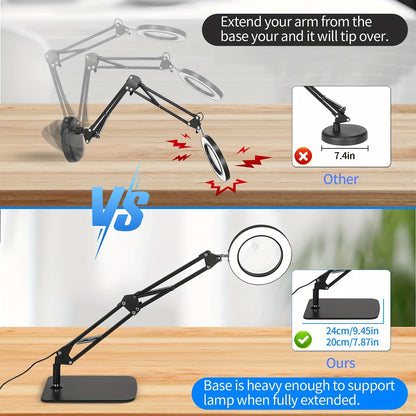 15X-10X Magnifying Glass LED Desk Lamp, 2-in-1 USB-Powered with Heavy Base & Clamp, 3 Color Modes & 10 Brightness Levels for Reading, Repair, Crafts, Sewing, Nail Art, Craft Lighting | Flexible Positioning | Adjustable Lighting, Lamp Desk