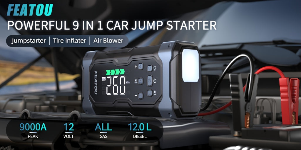 FEATOU High-Power 9000A Jump Starter with Air Compressor/Tire Inflator, 12V Jumper Box for Car(All Gas/14L Diesel), 9in 1 Portable Jump Starter Power Pack, Jump Starter Battery Pack, Heavy Duty Portable Jump Starter, Christmas Gifts