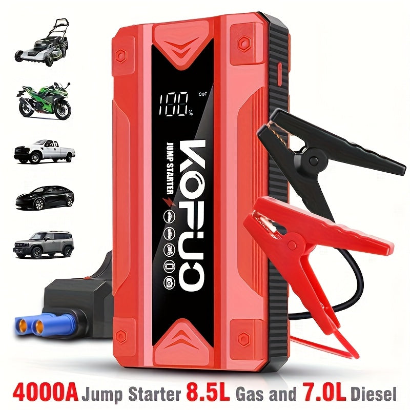 KOPUO 4000A Portable Car Battery Jump Starter - Professional Vehicle Additions (Supports Up to 9.0L Gas/8.0L Diesel) 12V Power Bank, Car Battery Booster Featuring Smart Safety Cable, LCD Screen, LED Light for Trucks, Suvs, Kayaks