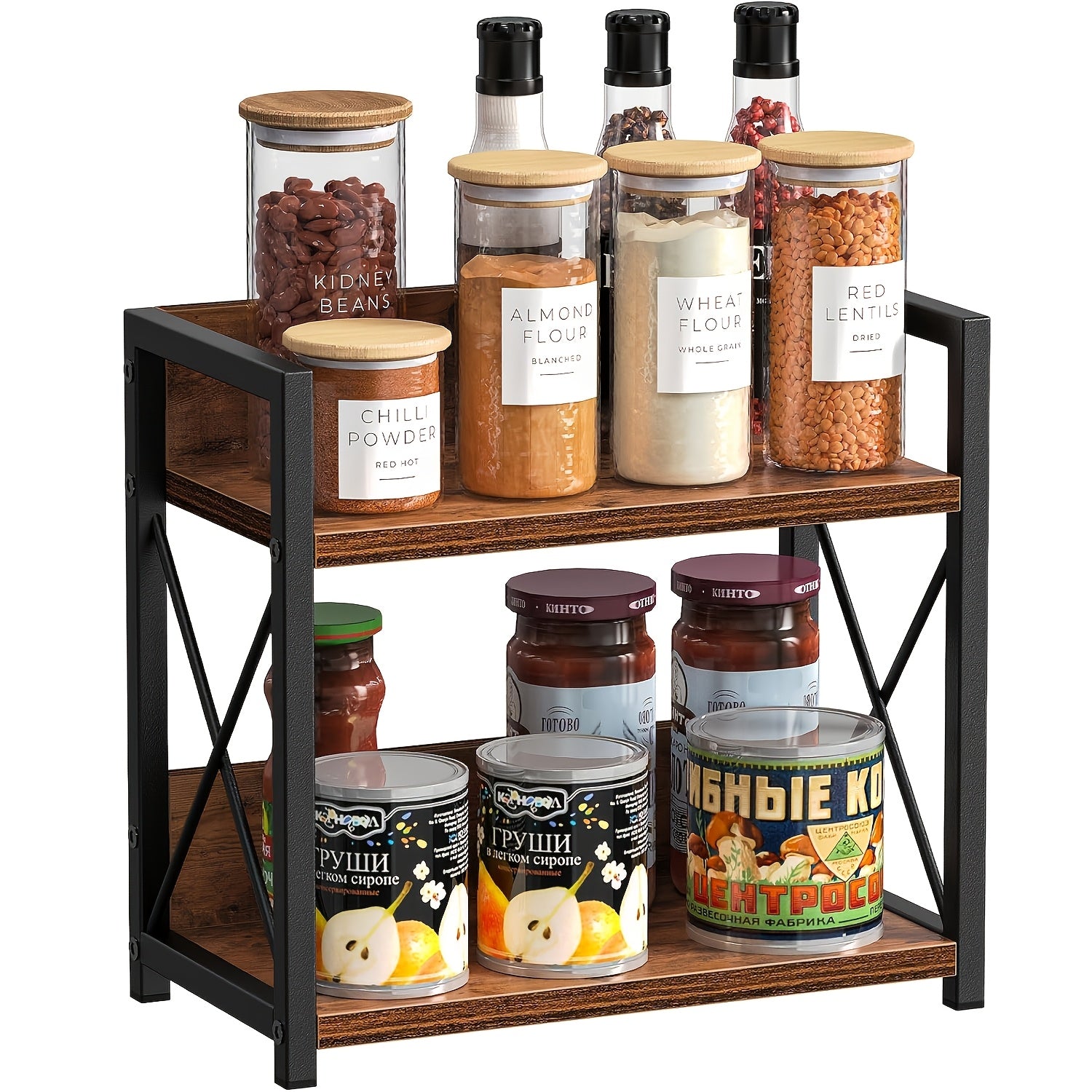 Rustic Brown 2-Tier Countertop Organizer - Wood And Metal Spice Rack for Kitchen, Coffee Station Storage Shelf with Open Design