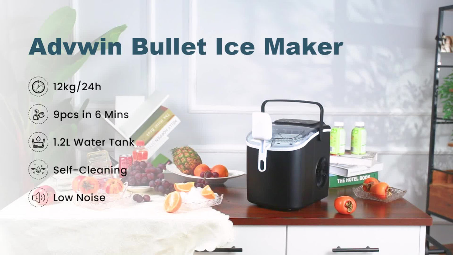 Advwin Countertop Ice Maker Machine, Portable Bullet Ice Maker with Self Cleaning, 7 Ice Cubes in 6-8 Mins, 2 Ice Sizes, Ice Machine for Home Kitchen Office Bar