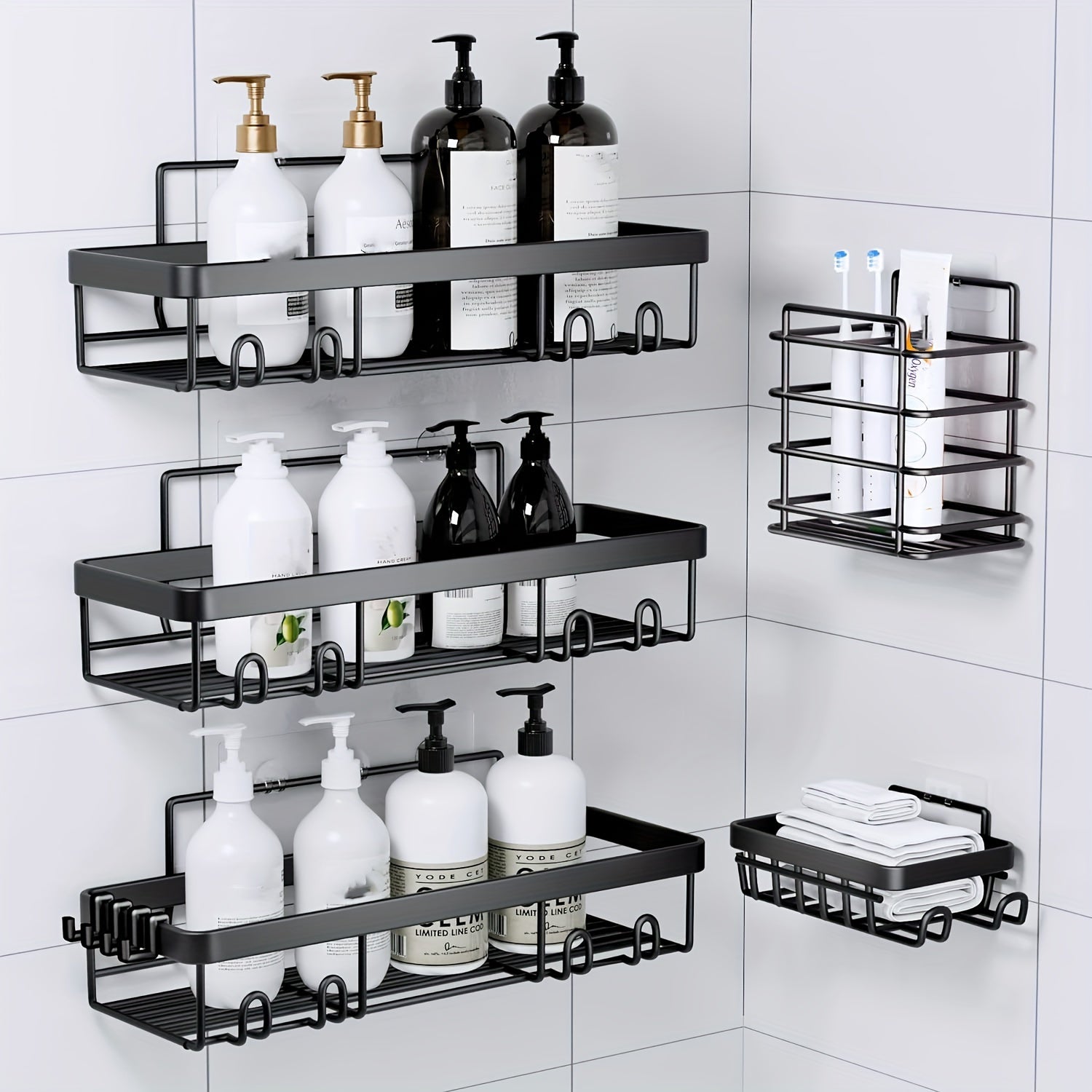 Shower Storage Solution, Bathroom Organizers for Showers, Black Shelves Designed for Use in The Shower Featuring a Soap Holder And Toothbrush Compartment, Stainless Steel Wall-Mounted Baskets with Adhesive (Set of 5)